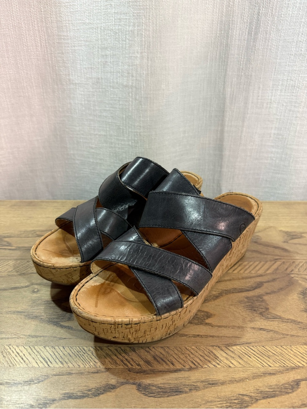 Born Black Leather Crisscross Cork-Style Wedge Slides